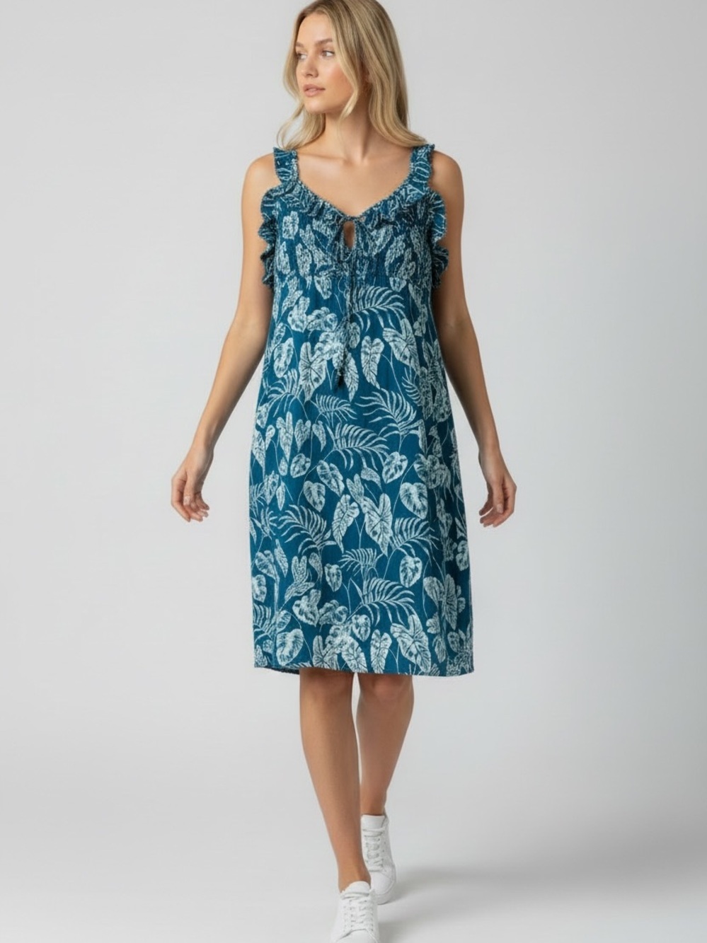 Angie Tropical Print Ruffle Neck Tie Keyhole Front Dress Size L